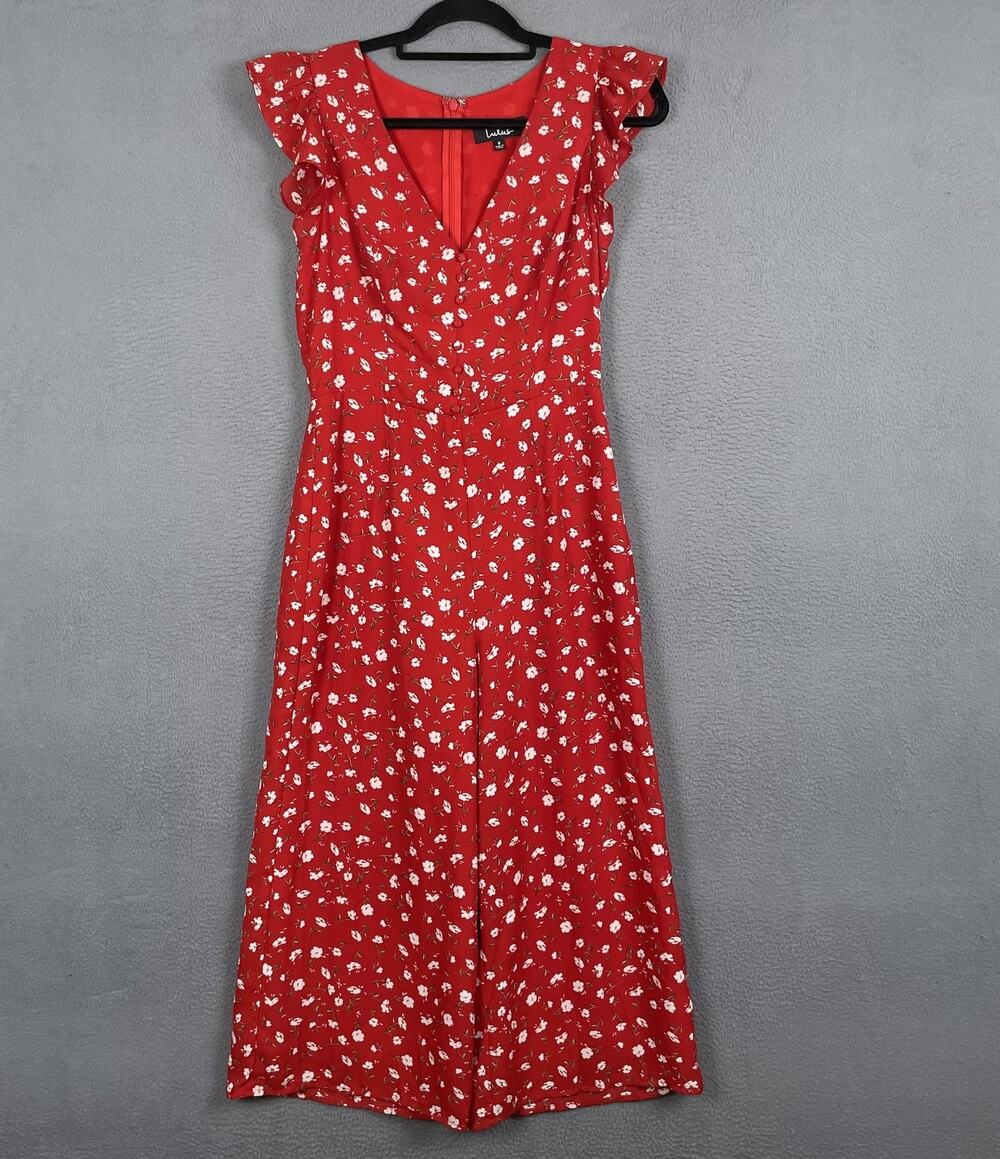 Lulus Jumpsuit Womens Small Red Floral Ruffle Sleeve V Neck Wide Leg Casual